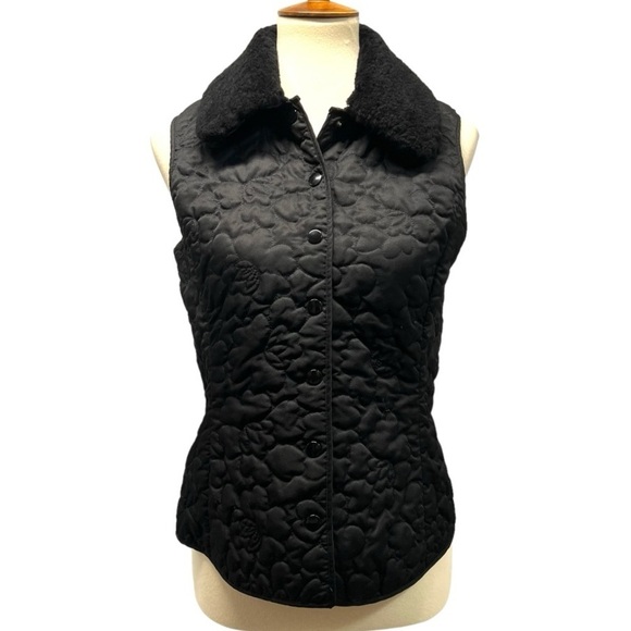 Lilly Pulitzer Black Quilted Snap Front Plush Sherpa Collar Puffy Vest Medium - Picture 1 of 14